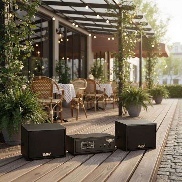 Loa sân vườn không dây: 01 amply A57 Goldsound + 2 loa treo tường ngoài trời không dây G20-NT Goldsound