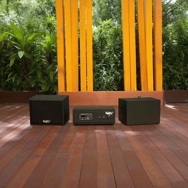 Loa sân vườn không dây: 01 amply A57 Goldsound + 2 loa treo tường ngoài trời không dây G20-NT Goldsound