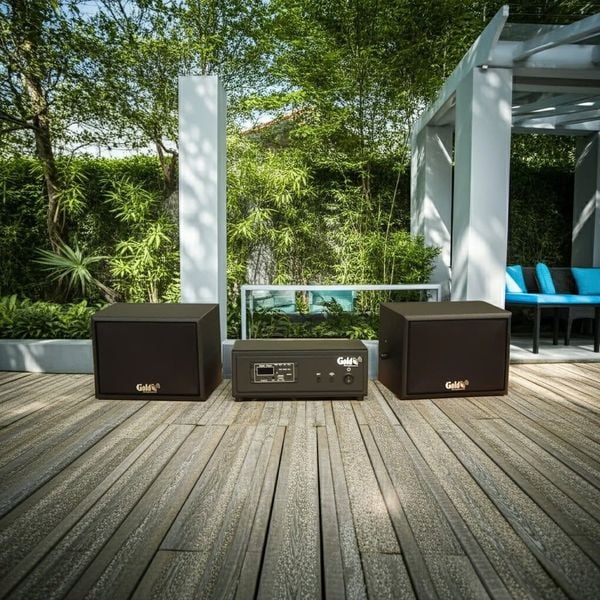 Loa sân vườn không dây: 01 amply A57 Goldsound + 2 loa treo tường ngoài trời không dây G20-NT Goldsound