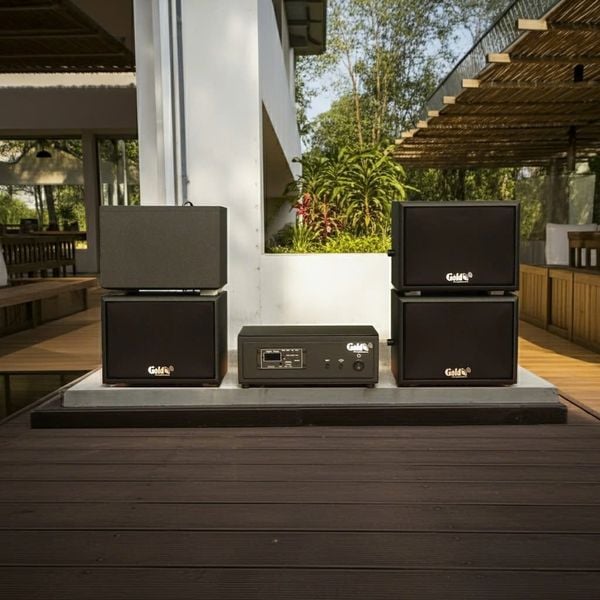 Loa sân vườn không dây: 01 amply A57 Goldsound + 4 loa treo tường ngoài trời không dây G20-NT Goldsound
