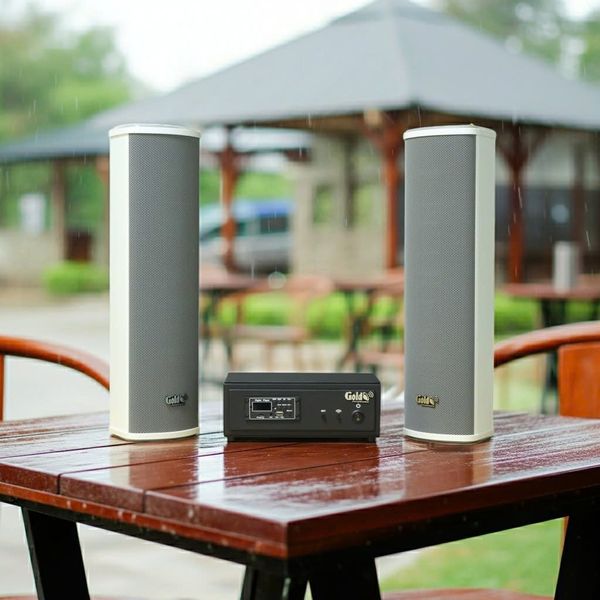 Loa sân vườn không dây: 01 amply A57 Goldsound + 2 loa cột chống nước sân vườn không dây G110-NT UHF Goldsound