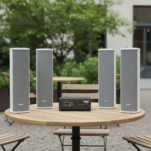 Loa sân vườn không dây: 01 amply A57 Goldsound + 4 loa cột chống nước sân vườn không dây G110-NT UHF Goldsound
