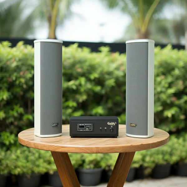 Loa sân vườn không dây: 01 amply A57 Goldsound + 2 loa cột chống nước sân vườn không dây G110-NT UHF Goldsound