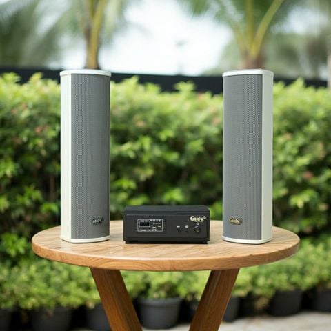 Loa sân vườn không dây: 01 amply A57 Goldsound + 2 loa cột chống nước sân vườn không dây G110-NT UHF Goldsound