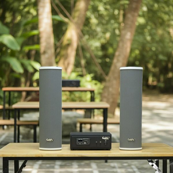 Loa sân vườn không dây: 01 amply A57 Goldsound + 2 loa cột chống nước sân vườn không dây G110-NT UHF Goldsound