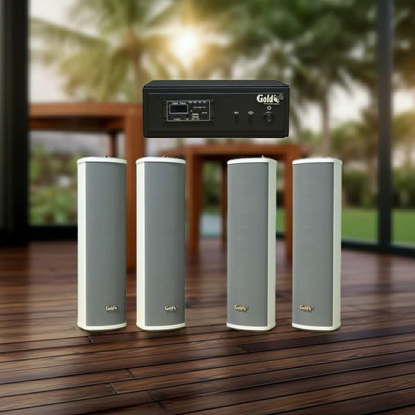 Loa sân vườn không dây: 01 amply A57 Goldsound + 4 loa cột chống nước sân vườn không dây G110-NT UHF Goldsound