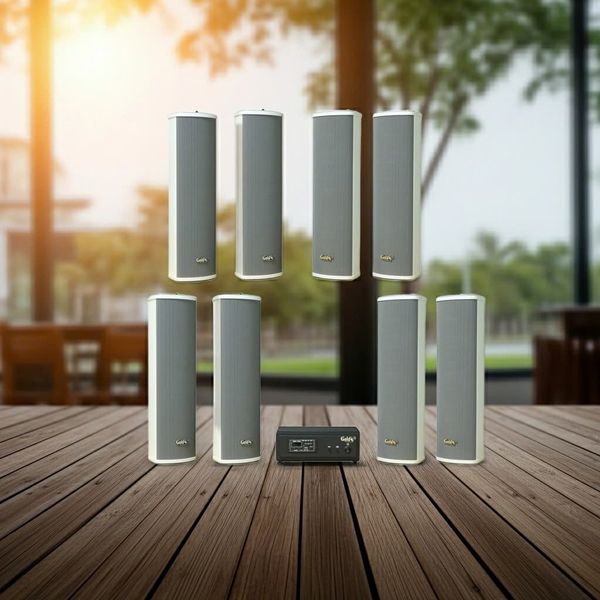 Loa sân vườn không dây: 01 amply A57 Goldsound + 8 loa cột chống nước sân vườn không dây G110-NT UHF Goldsound