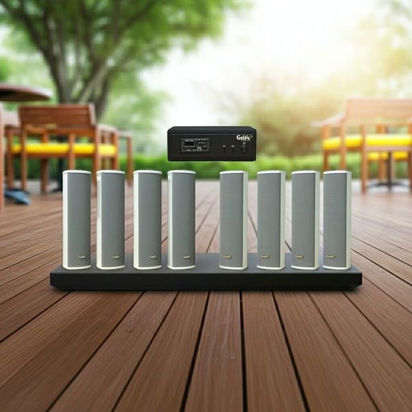 Loa sân vườn không dây: 01 amply A57 Goldsound + 8 loa cột chống nước sân vườn không dây G110-NT UHF Goldsound