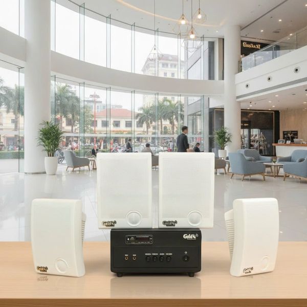 Dàn loa treo tường thông báo phát nhạc nền Gold4Office H4.0: Amply 150w + 4 loa hộp treo tường H15, Amply, loa được thiết kế riêng cho quán, bật lớn không tạp âm, bảo hành dài hạn 5 năm.