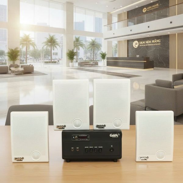 Dàn loa treo tường thông báo phát nhạc nền Gold4Office H4.0: Amply 150w + 4 loa hộp treo tường H15, Amply, loa được thiết kế riêng cho quán, bật lớn không tạp âm, bảo hành dài hạn 5 năm.