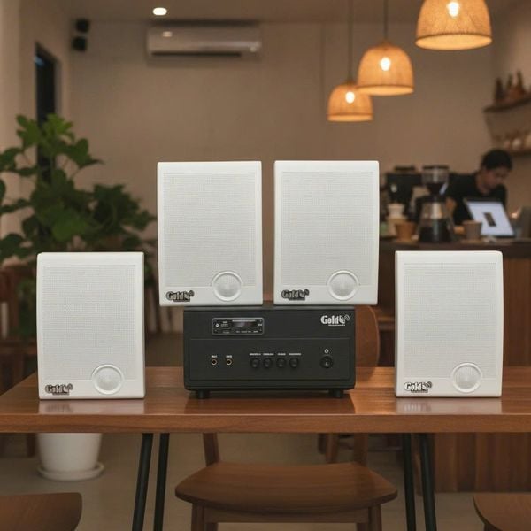 Dàn loa treo tường thông báo phát nhạc nền Gold4Office H4.0: Amply 150w + 4 loa hộp treo tường H15, Amply, loa được thiết kế riêng cho quán, bật lớn không tạp âm, bảo hành dài hạn 5 năm.