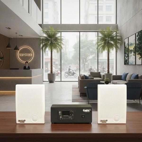 Dàn loa treo tường thông báo phát nhạc nền Gold4Office H2.0: Amply A2.0 + 2 loa hộp treo tường H15, Amply, loa được thiết kế riêng cho quán, bật lớn không tạp âm, bảo hành dài hạn 5 năm.