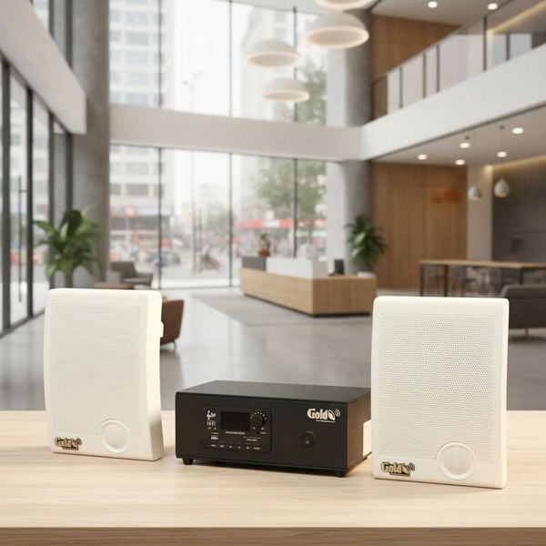 Dàn loa treo tường thông báo phát nhạc nền Gold4Office H2.0: Amply A2.0 + 2 loa hộp treo tường H15, Amply, loa được thiết kế riêng cho quán, bật lớn không tạp âm, bảo hành dài hạn 5 năm.