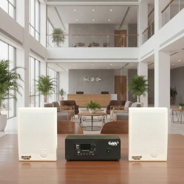 Dàn loa treo tường thông báo phát nhạc nền Gold4Office H2.0: Amply A2.0 + 2 loa hộp treo tường H15, Amply, loa được thiết kế riêng cho quán, bật lớn không tạp âm, bảo hành dài hạn 5 năm.