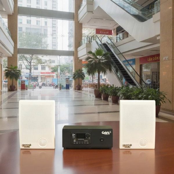 Dàn loa treo tường thông báo phát nhạc nền Gold4Office H2.0: Amply A2.0 + 2 loa hộp treo tường H15, Amply, loa được thiết kế riêng cho quán, bật lớn không tạp âm, bảo hành dài hạn 5 năm.