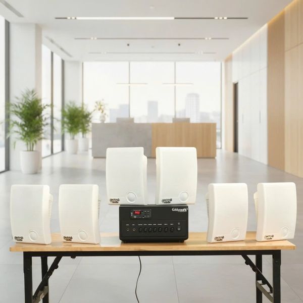 Dàn loa treo tường thông báo phát nhạc nền Gold4Office H6.0: Amply 380w + 6 loa hộp treo tường H15, Amply, loa được thiết kế riêng cho quán, bật lớn không tạp âm, bảo hành dài hạn 5 năm.