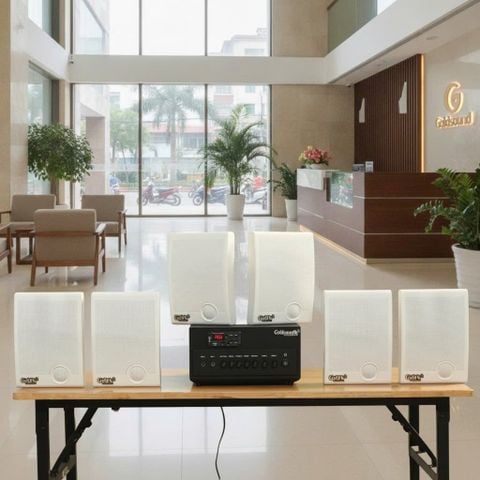 Dàn loa treo tường thông báo phát nhạc nền Gold4Office H6.0: Amply 380w + 6 loa hộp treo tường H15, Amply, loa được thiết kế riêng cho quán, bật lớn không tạp âm, bảo hành dài hạn 5 năm.
