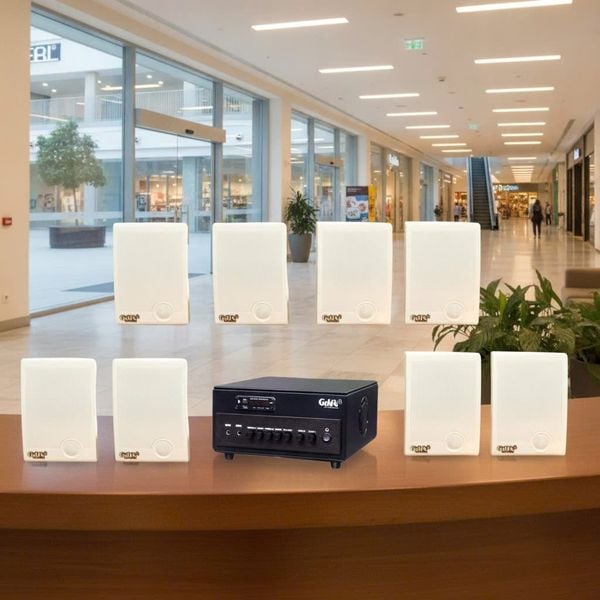 Dàn loa treo tường thông báo phát nhạc nền Gold4Office H8.0: Amply 380w + 8 loa hộp treo tường H15, Amply, loa được thiết kế riêng cho quán, bật lớn không tạp âm, bảo hành dài hạn 5 năm.