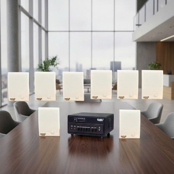 Dàn loa treo tường thông báo phát nhạc nền Gold4Office H8.0: Amply 380w + 8 loa hộp treo tường H15, Amply, loa được thiết kế riêng cho quán, bật lớn không tạp âm, bảo hành dài hạn 5 năm.