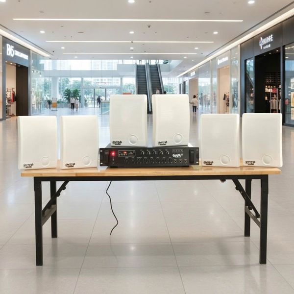 Dàn loa treo tường thông báo, phát nhạc nền: Amply 280F + 6 loa hộp treo tường H15, Amply, loa được thiết kế riêng cho quán, bật lớn không tạp âm, bảo hành dài hạn 5 năm.