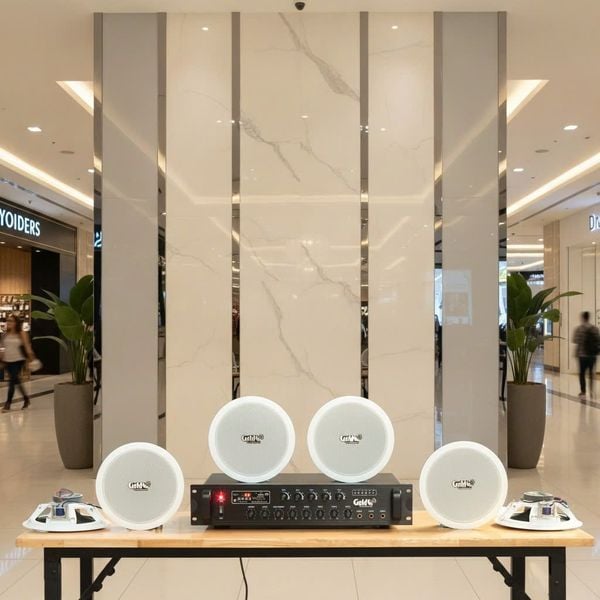 Dàn loa âm trần thông báo, phát nhạc nền tự động: A280F Goldsound 280w + 6 loa âm trần VAT9, loa được thiết kế riêng cho quán, bật lớn không tạp âm, miễn phí công lắp đặt