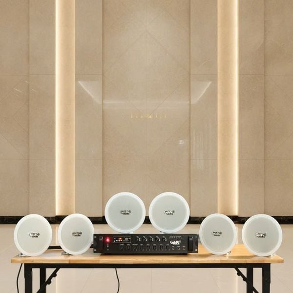 Dàn loa âm trần thông báo, phát nhạc nền tự động: A280F Goldsound 280w + 6 loa âm trần VAT9, loa được thiết kế riêng cho quán, bật lớn không tạp âm, miễn phí công lắp đặt