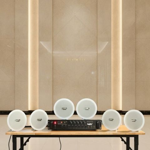 Dàn loa âm trần thông báo, phát nhạc nền tự động: A280F Goldsound 280w + 6 loa âm trần VAT9, loa được thiết kế riêng cho quán, bật lớn không tạp âm, miễn phí công lắp đặt