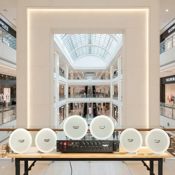 Dàn loa âm trần thông báo, phát nhạc nền tự động: A280F Goldsound 280w + 6 loa âm trần VAT9, loa được thiết kế riêng cho quán, bật lớn không tạp âm, miễn phí công lắp đặt