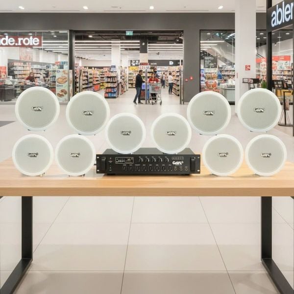Dàn loa âm trần thông báo, phát nhạc nền tự động: A280F Goldsound 280w + 10 loa âm trần VAT9, loa được thiết kế riêng cho quán, bật lớn không tạp âm, miễn phí công lắp đặt