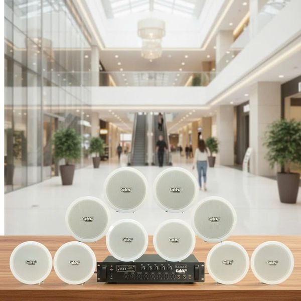 Dàn loa âm trần thông báo, phát nhạc nền tự động: A280F Goldsound 280w + 10 loa âm trần VAT9, loa được thiết kế riêng cho quán, bật lớn không tạp âm, miễn phí công lắp đặt