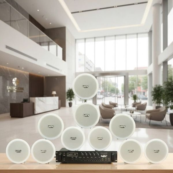 Dàn loa âm trần thông báo, phát nhạc nền tự động: A280F Goldsound 280w + 10 loa âm trần VAT9, loa được thiết kế riêng cho quán, bật lớn không tạp âm, miễn phí công lắp đặt