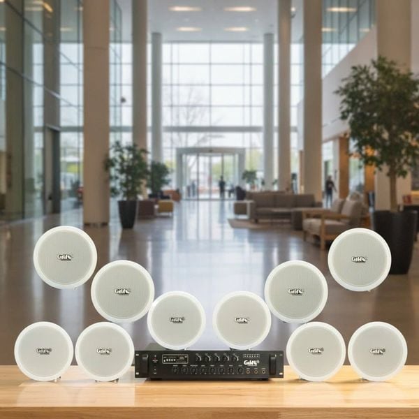 Dàn loa âm trần thông báo, phát nhạc nền tự động: A280F Goldsound 280w + 10 loa âm trần VAT9, loa được thiết kế riêng cho quán, bật lớn không tạp âm, miễn phí công lắp đặt