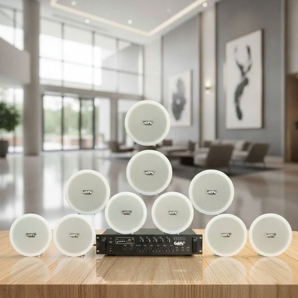 Dàn loa âm trần thông báo, phát nhạc nền tự động: A280F Goldsound 280w + 10 loa âm trần VAT9, loa được thiết kế riêng cho quán, bật lớn không tạp âm, miễn phí công lắp đặt
