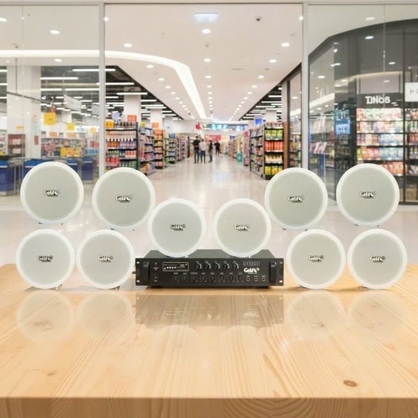 Dàn loa âm trần thông báo, phát nhạc nền tự động: A280F Goldsound 280w + 10 loa âm trần VAT9, loa được thiết kế riêng cho quán, bật lớn không tạp âm, miễn phí công lắp đặt