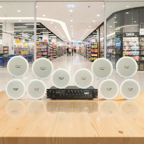 Dàn loa âm trần thông báo, phát nhạc nền tự động: A280F Goldsound 280w + 10 loa âm trần VAT9, loa được thiết kế riêng cho quán, bật lớn không tạp âm, miễn phí công lắp đặt
