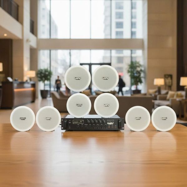 Dàn loa âm trần thông báo, phát nhạc nền tự động: A280F Goldsound 280w + 8 loa âm trần VAT9, loa được thiết kế riêng cho quán, bật lớn không tạp âm, miễn phí công lắp đặt