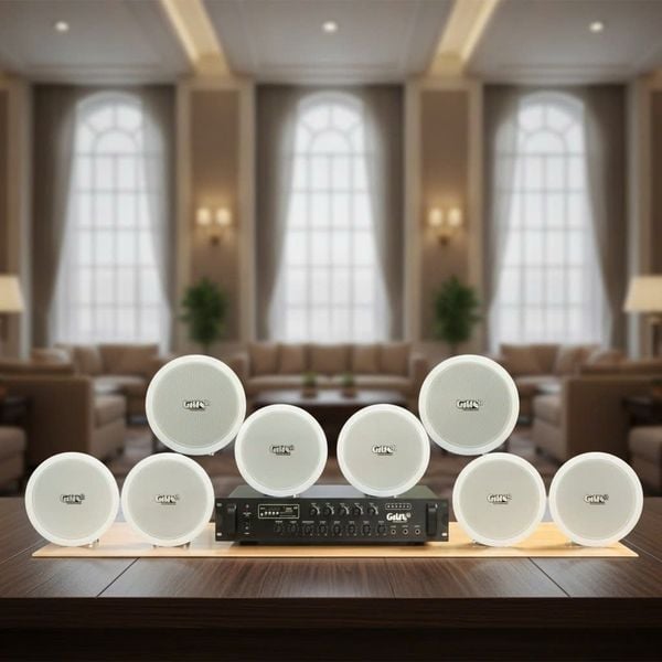 Dàn loa âm trần thông báo, phát nhạc nền tự động: A280F Goldsound 280w + 8 loa âm trần VAT9, loa được thiết kế riêng cho quán, bật lớn không tạp âm, miễn phí công lắp đặt