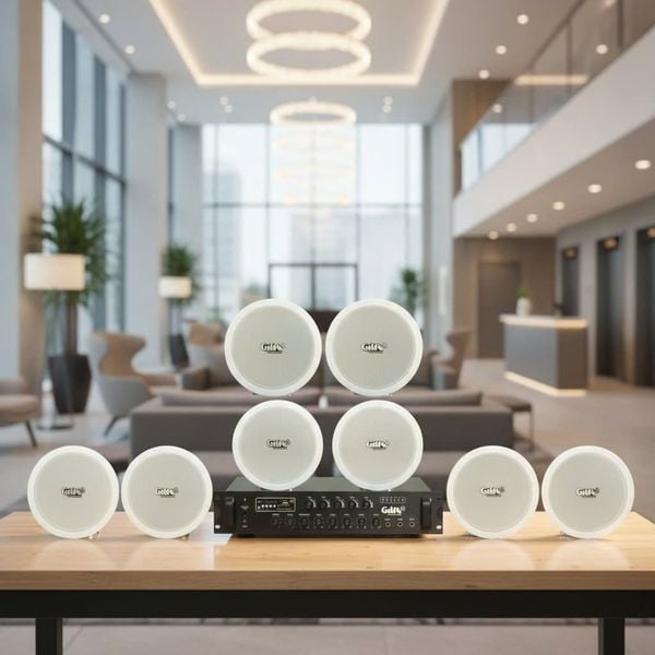 Dàn loa âm trần thông báo, phát nhạc nền tự động: A280F Goldsound 280w + 8 loa âm trần VAT9, loa được thiết kế riêng cho quán, bật lớn không tạp âm, miễn phí công lắp đặt