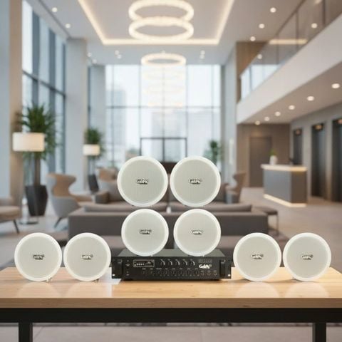 Dàn loa âm trần thông báo, phát nhạc nền tự động: A280F Goldsound 280w + 8 loa âm trần VAT9, loa được thiết kế riêng cho quán, bật lớn không tạp âm, miễn phí công lắp đặt