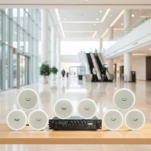 Dàn loa âm trần thông báo, phát nhạc nền tự động: A280F Goldsound 280w + 8 loa âm trần VAT9, loa được thiết kế riêng cho quán, bật lớn không tạp âm, miễn phí công lắp đặt
