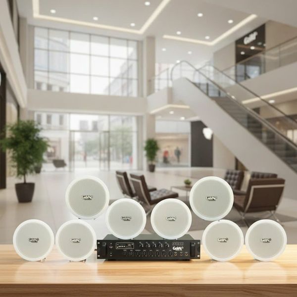 Dàn loa âm trần thông báo, phát nhạc nền tự động: A280F Goldsound 280w + 8 loa âm trần VAT9, loa được thiết kế riêng cho quán, bật lớn không tạp âm, miễn phí công lắp đặt