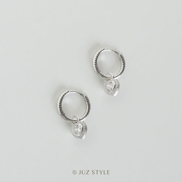  Bông tai bạc twist hoop & cz heart charm 