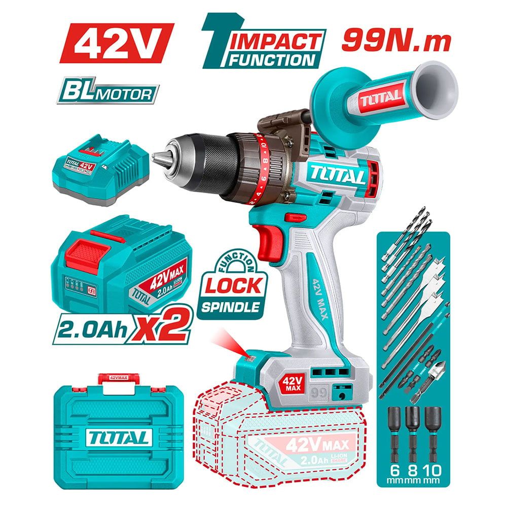 Máy Khoan Động Lực Pin 42V Total TIDLI429982 Kèm 2 Pin 2.0Ah + Sạt - hình ảnh sản phẩm thực tế 1