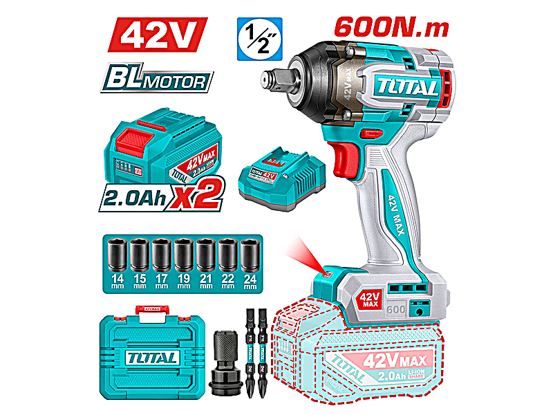 Máy vặn bu lông dùng pin 42V Total (2 Pin 2.0Ah, 1 Sạc) (TIWLI42602) - hình ảnh sản phẩm thực tế 1