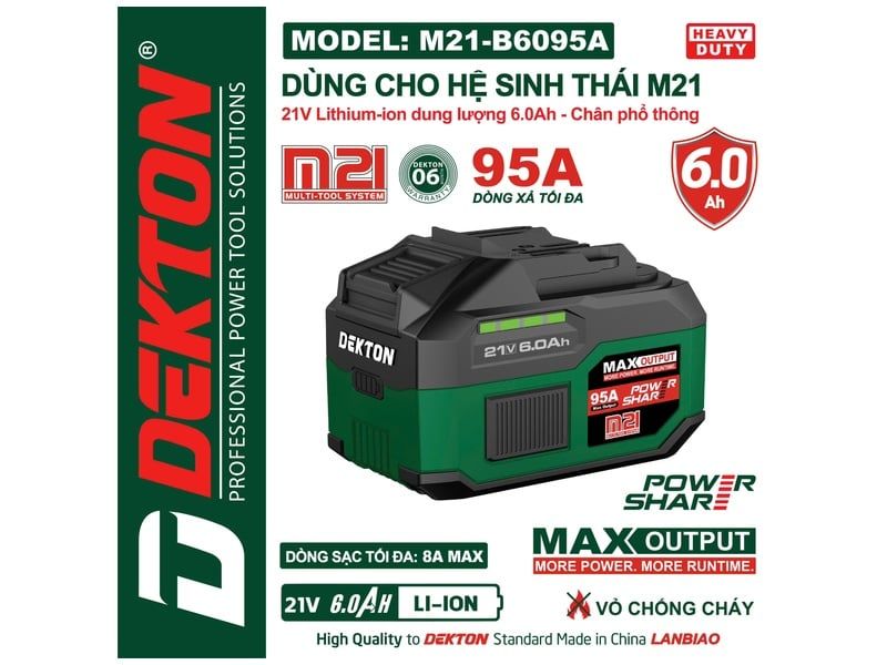 Pin Dekton 21V 6.0Ah M21-B6095A chính hãng - hình ảnh sản phẩm thực tế 1