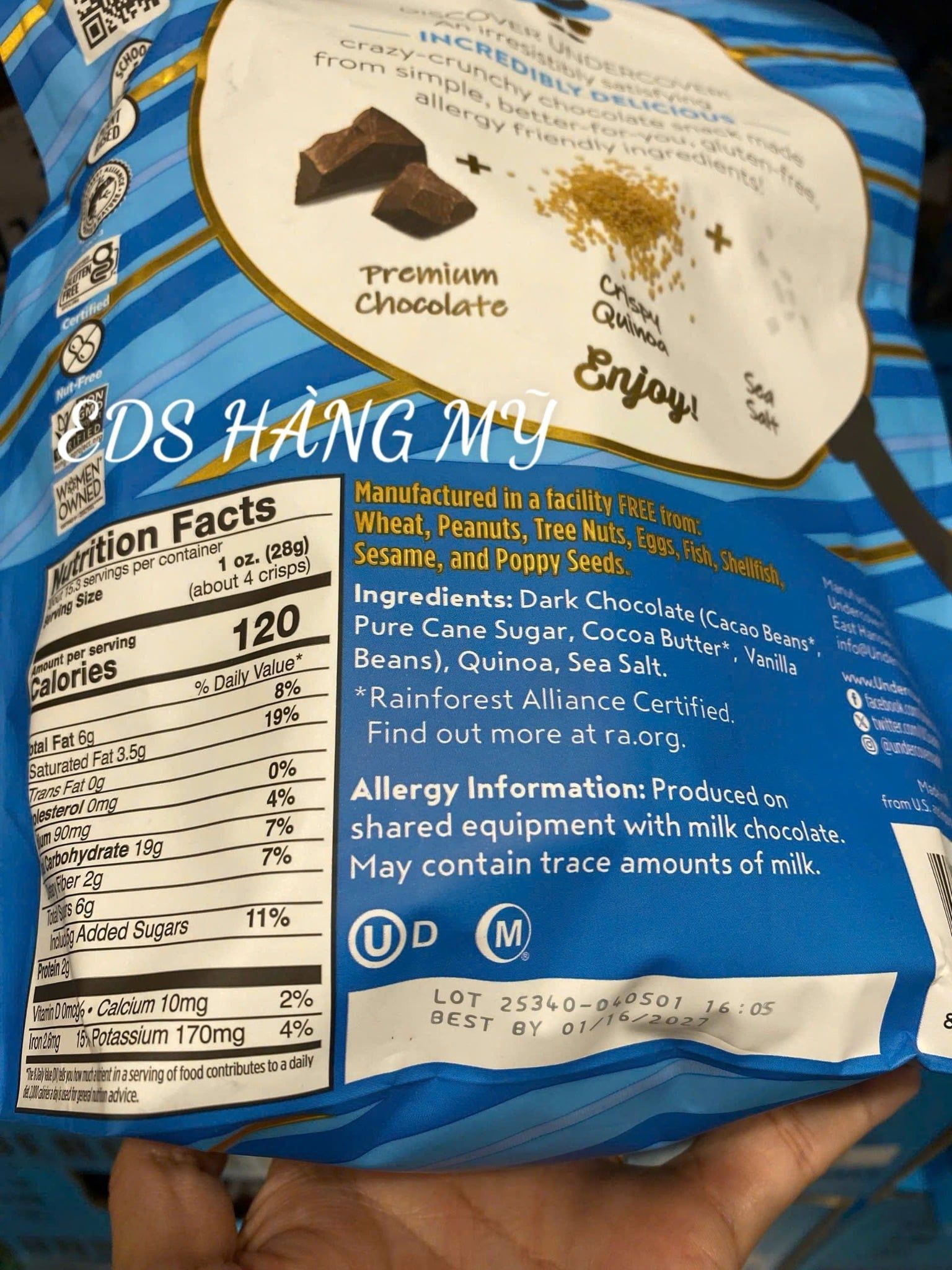 SNACK CHOCOLATE QUINOA CRISPS – DARK CHOCOLATE + SEA SALT