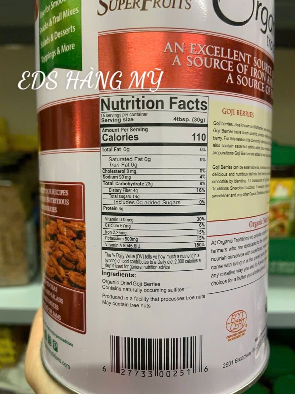Câu kỷ tử khô hữu cơ sấy khô Organic Traditions GoJi Berries