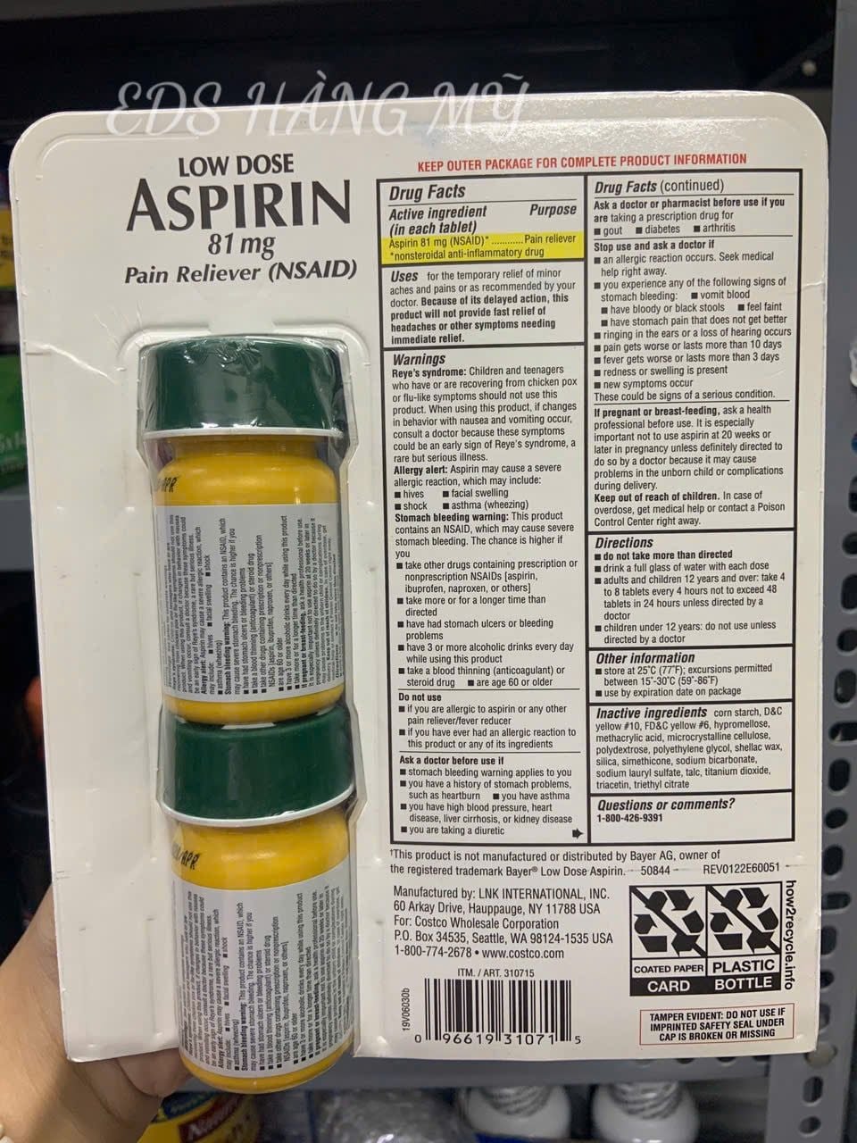 Viên uống giảm đau Kirkland Low Dose Aspirin 81mg