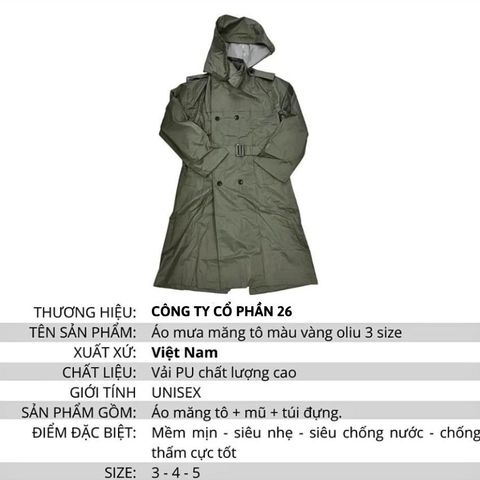 Áo Mưa Măng Tô Màu Vàng Công Ty CP 26 Nhiều Kích Cỡ Chất Vải PU Chống Thấm Cực Tốt