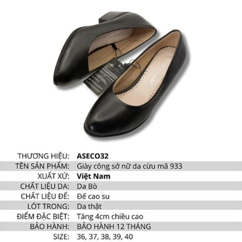 Giày Da Nữ Công Sở 933 Màu Đen Đế Cao Su Cao 4cm Chất Liệu Da Cao Cấp Phù Hợp Cho Tiếp Viên Hàng Không